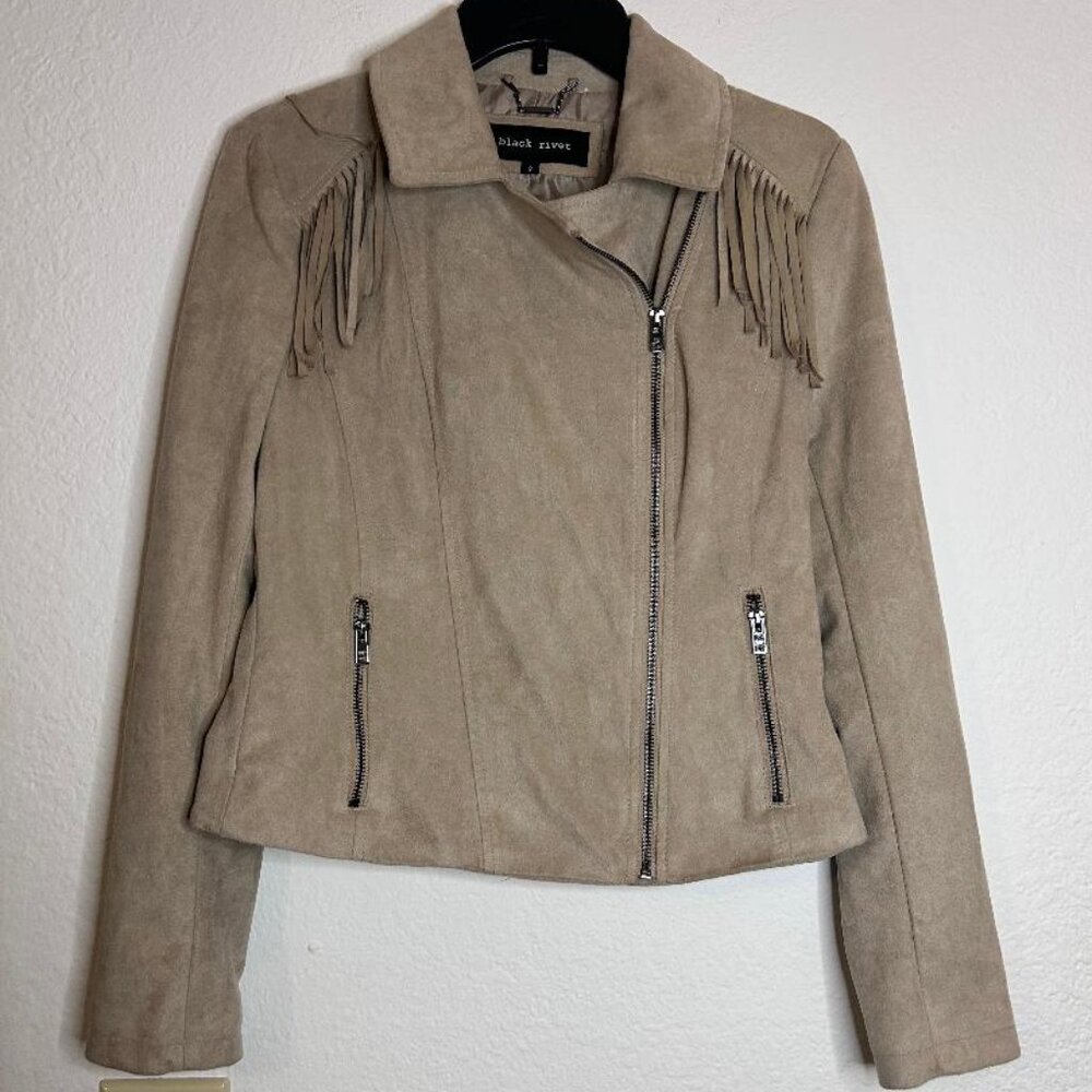Beige Moto Jacket with Fringe Trim Size Small by Black Rivet